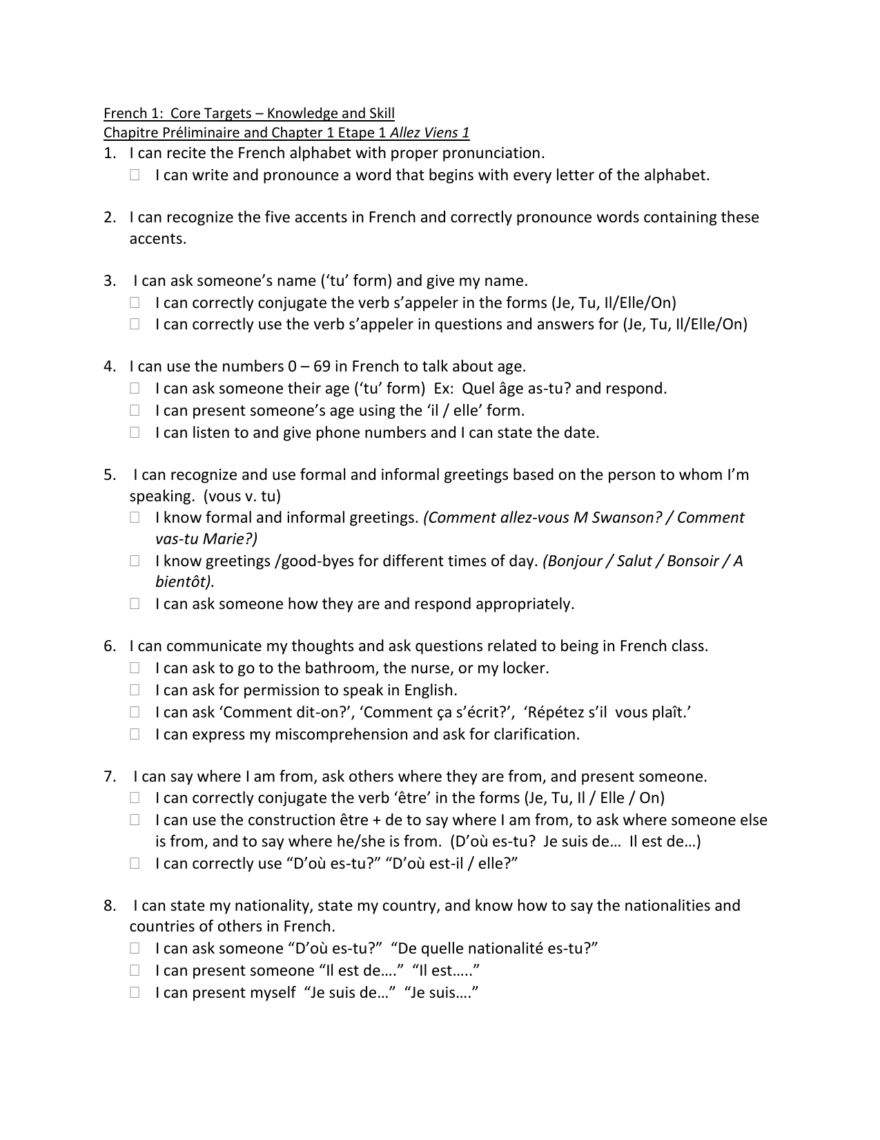 French 1 Core Targets Knowledge And Skill Chapitre Preliminaire