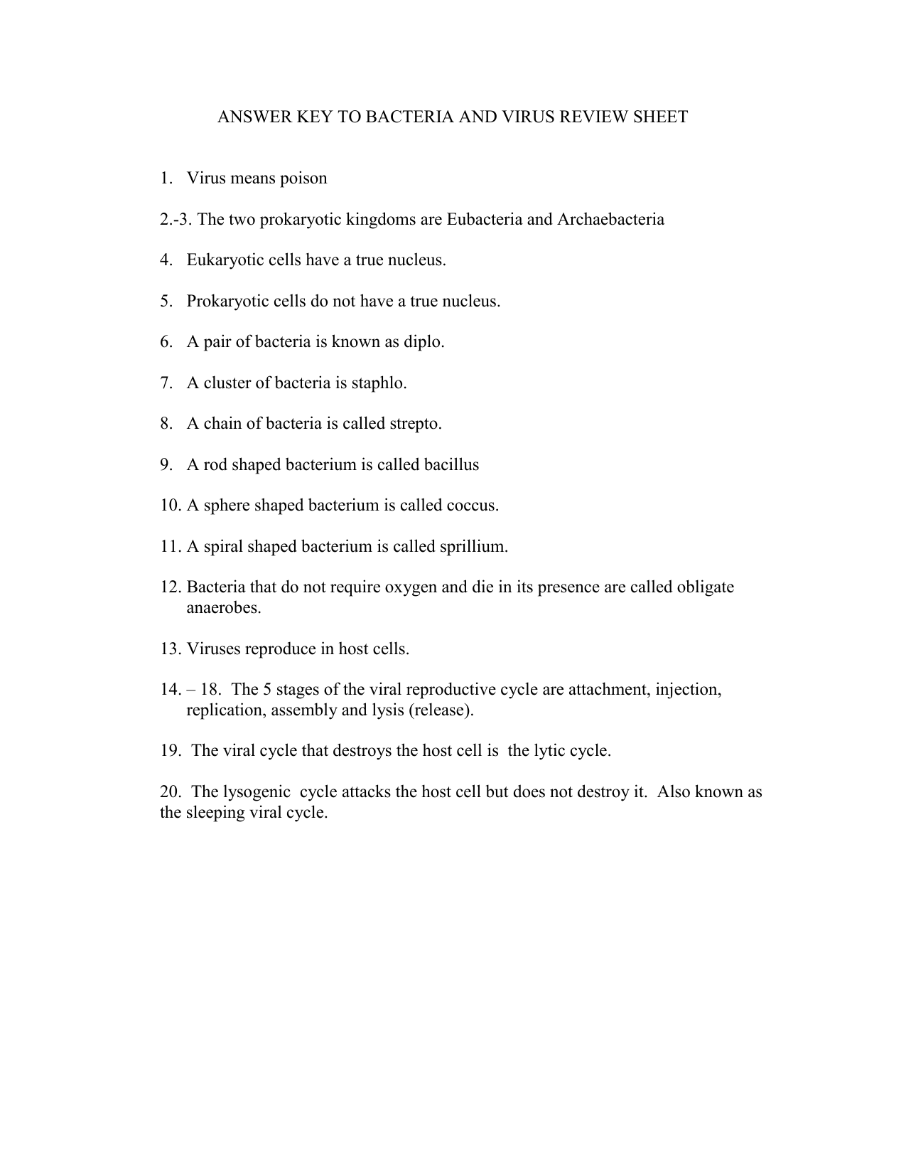 answer key to bacteria and virus review sheet For Virus And Bacteria Worksheet Answers