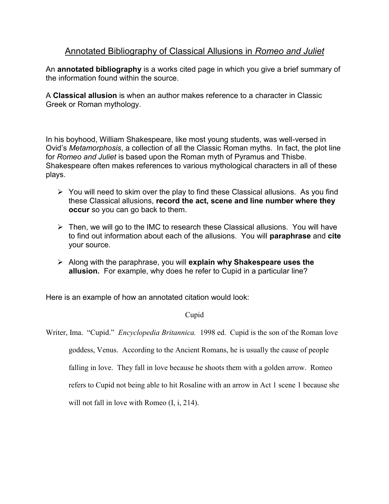 Annotated Bibliography Of Classical Allusions In Romeo And Juliet