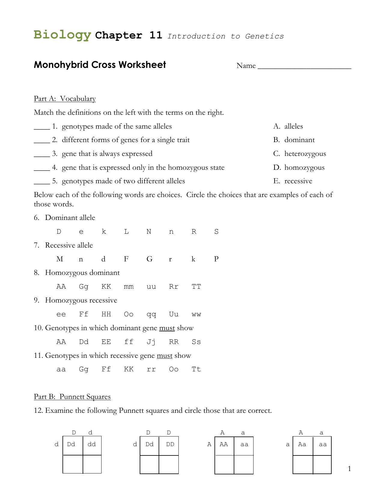 Monohybrid Cross Problems For Monohybrid Crosses Worksheet Answers