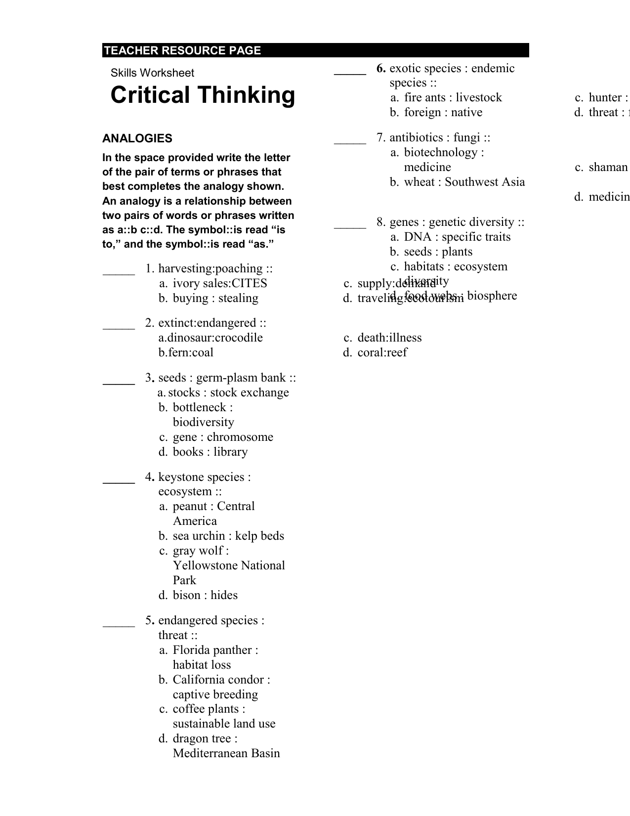 Document Intended For Skills Worksheet Critical Thinking Analogies