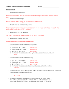 1st law of Thermodynamics Worksheet