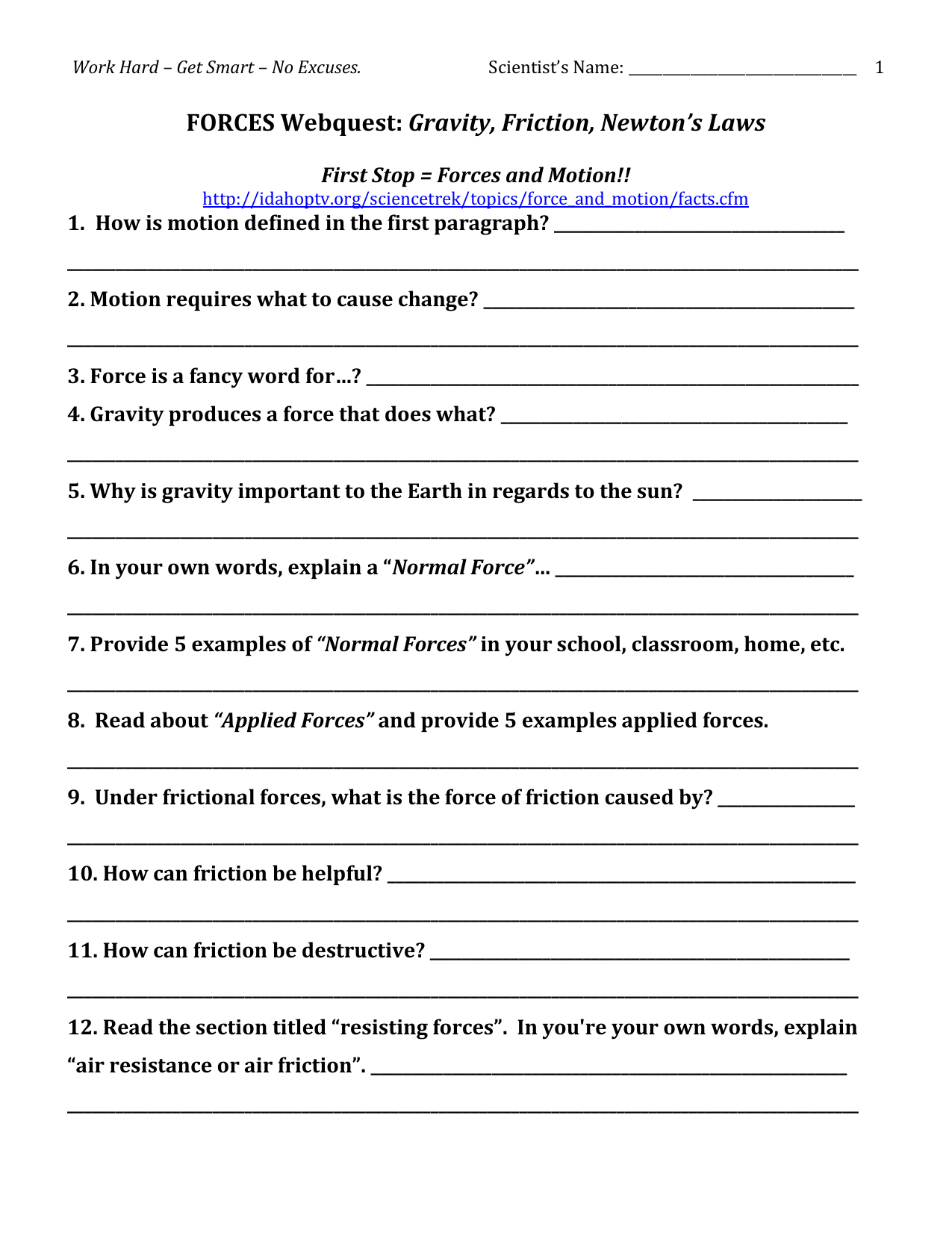 22 Work Hard – Get Smart – No Excuses. Scientist`s Name: FORCES With Regard To Friction And Gravity Worksheet