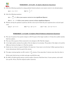 WORKSHEET - 10/ CLASS – X/ Algebra (Quadratic Equations) 1