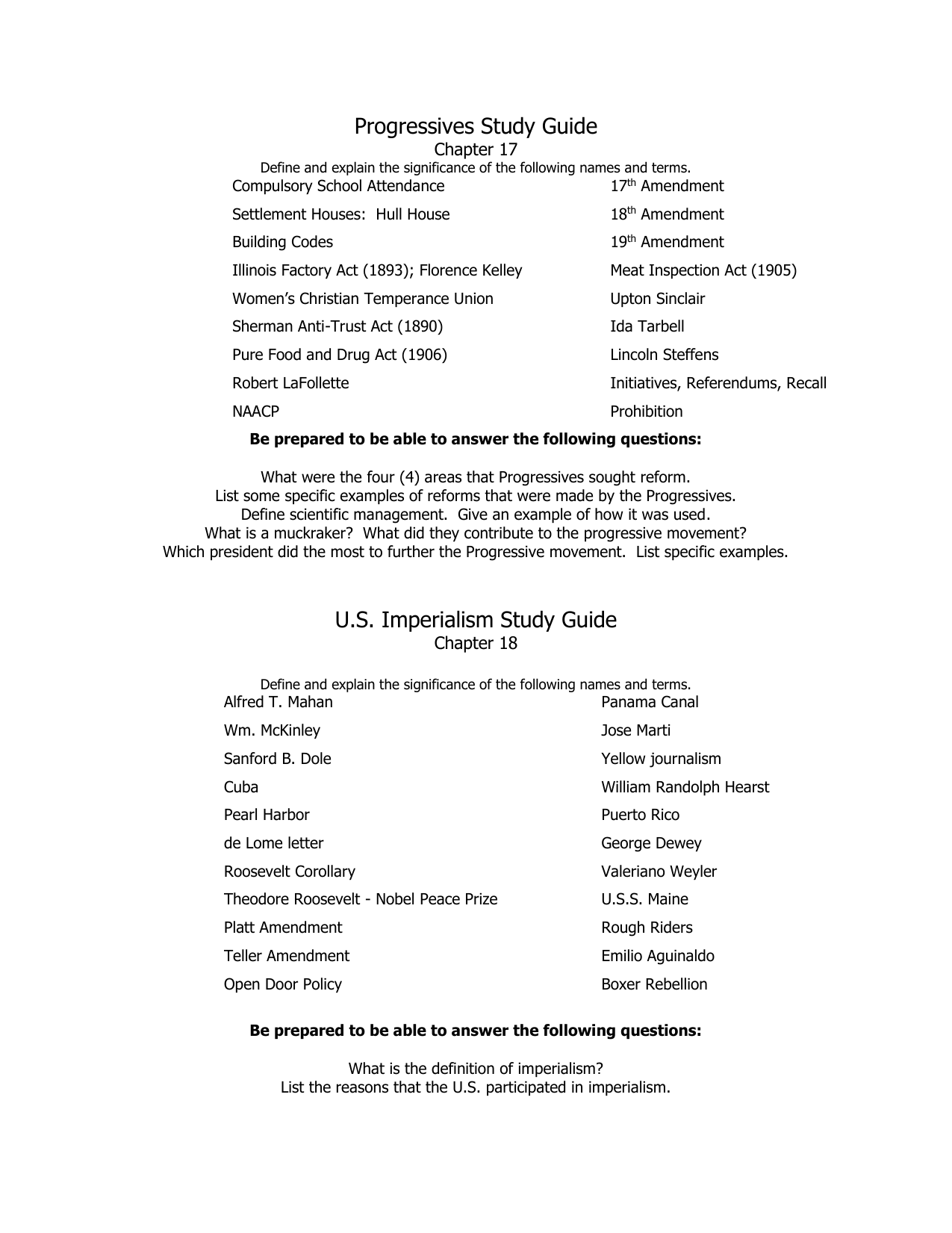 Progressives Study Guide Chapter 17 Define And Explain The