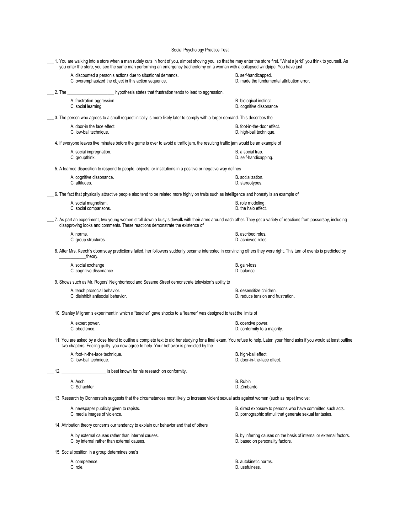 Social Psychology Practice Test 1 You Are Walking Into