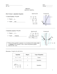 Quadratic Equations - Review - 2012-2013 - Answers