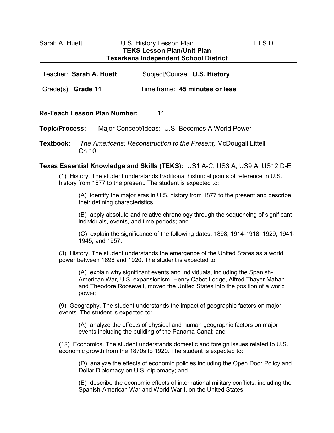 Reteach 11 Texarkana Independent School District