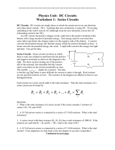 Worksheet 3: Series vs Parallel Circuits and Combo`s