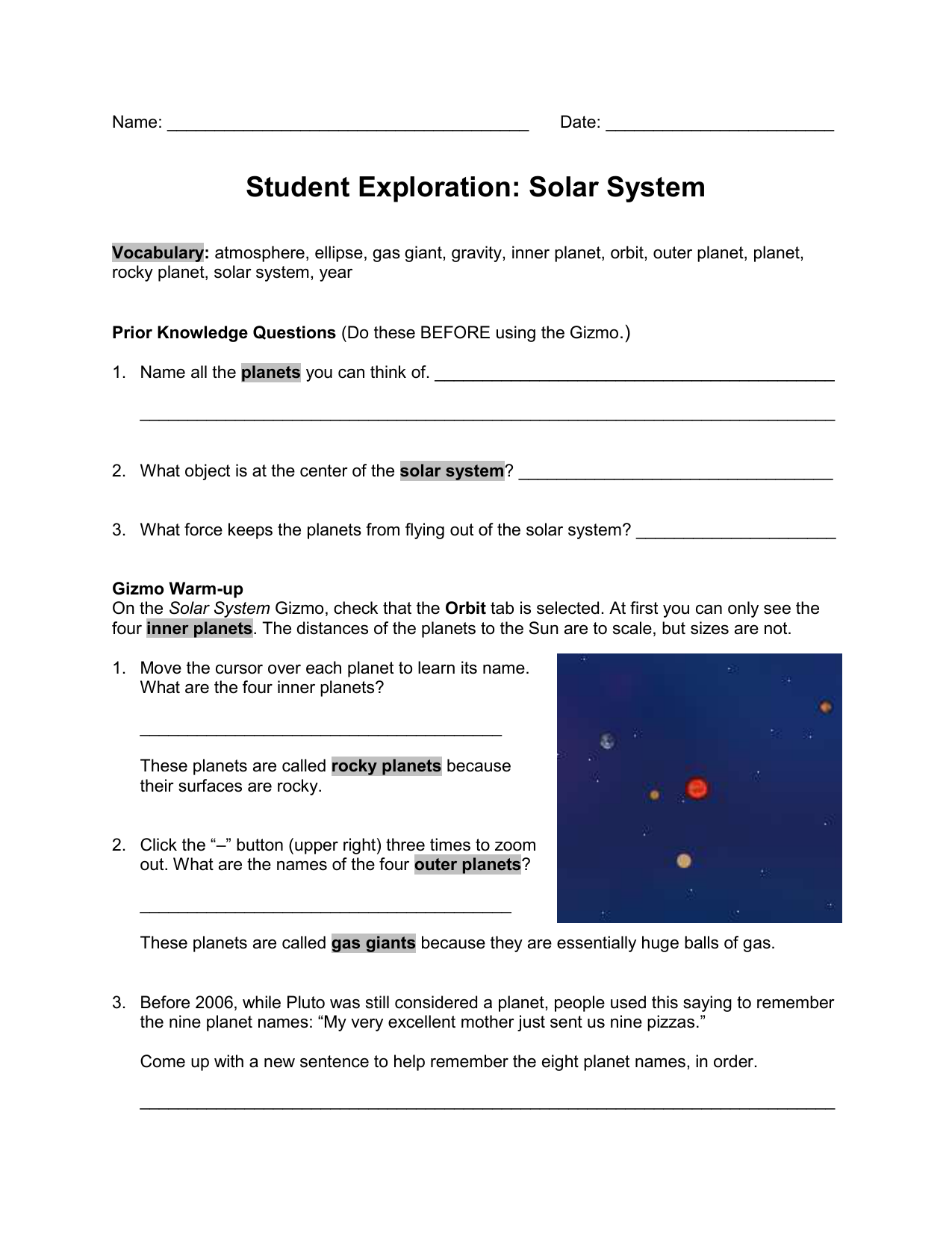 Name Date Student Exploration Solar System Vocabulary