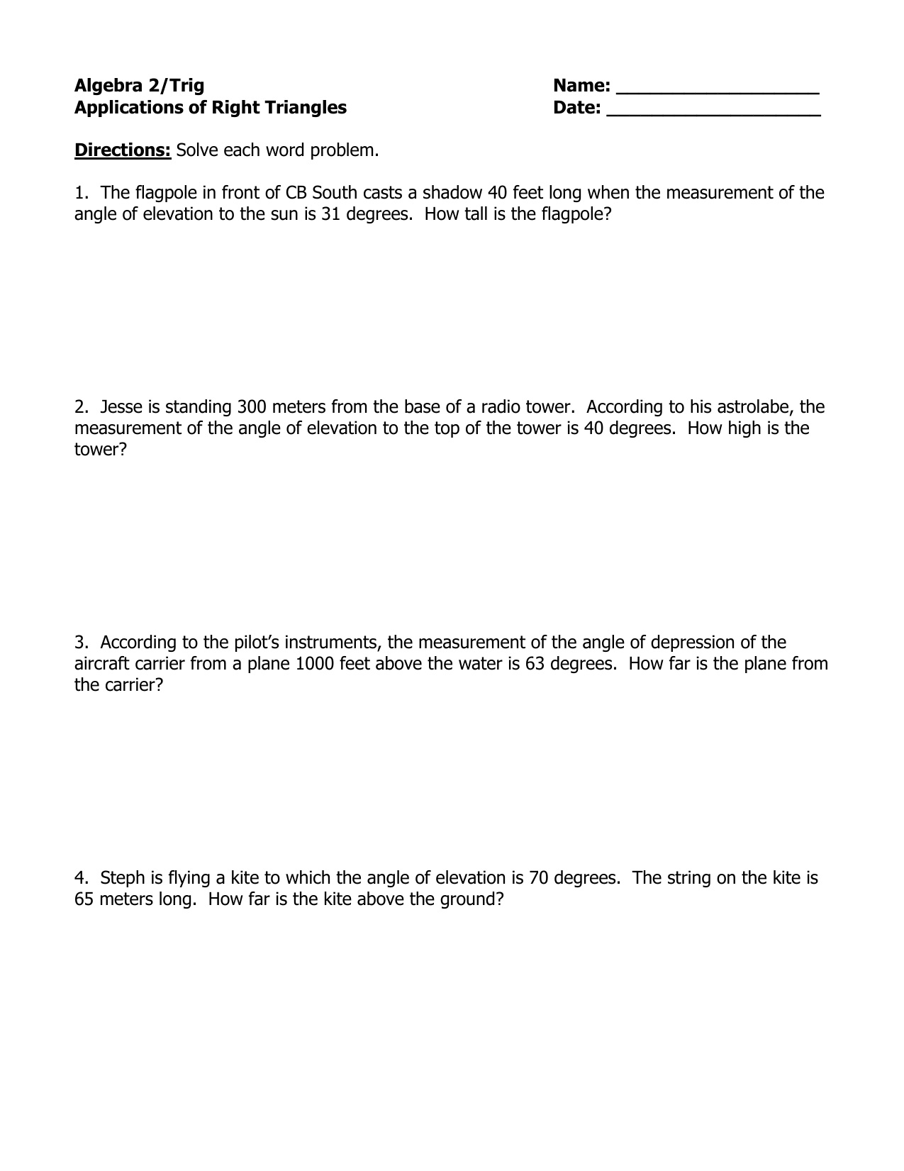 Algebra 20/Trig In Algebra 2 Word Problems Worksheet