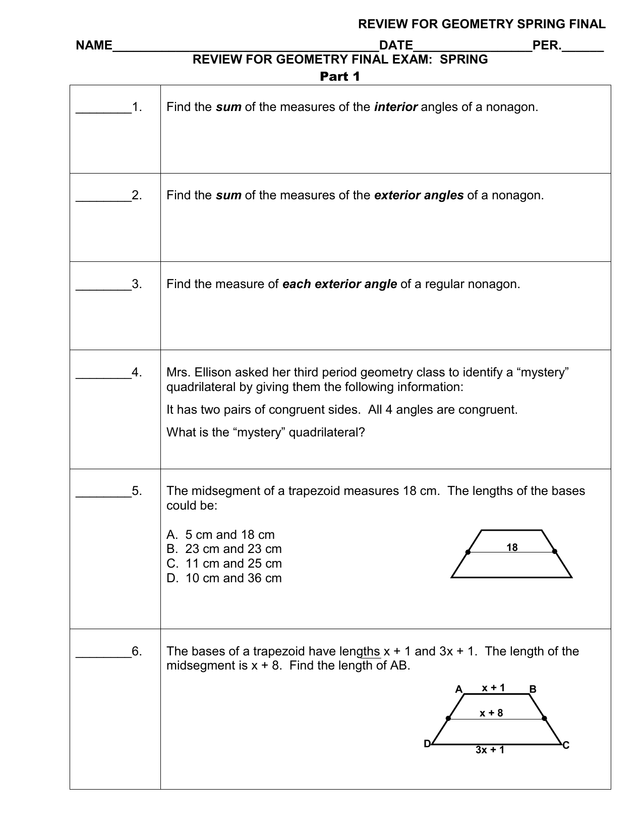 Review For Geometry Final Exam Spring