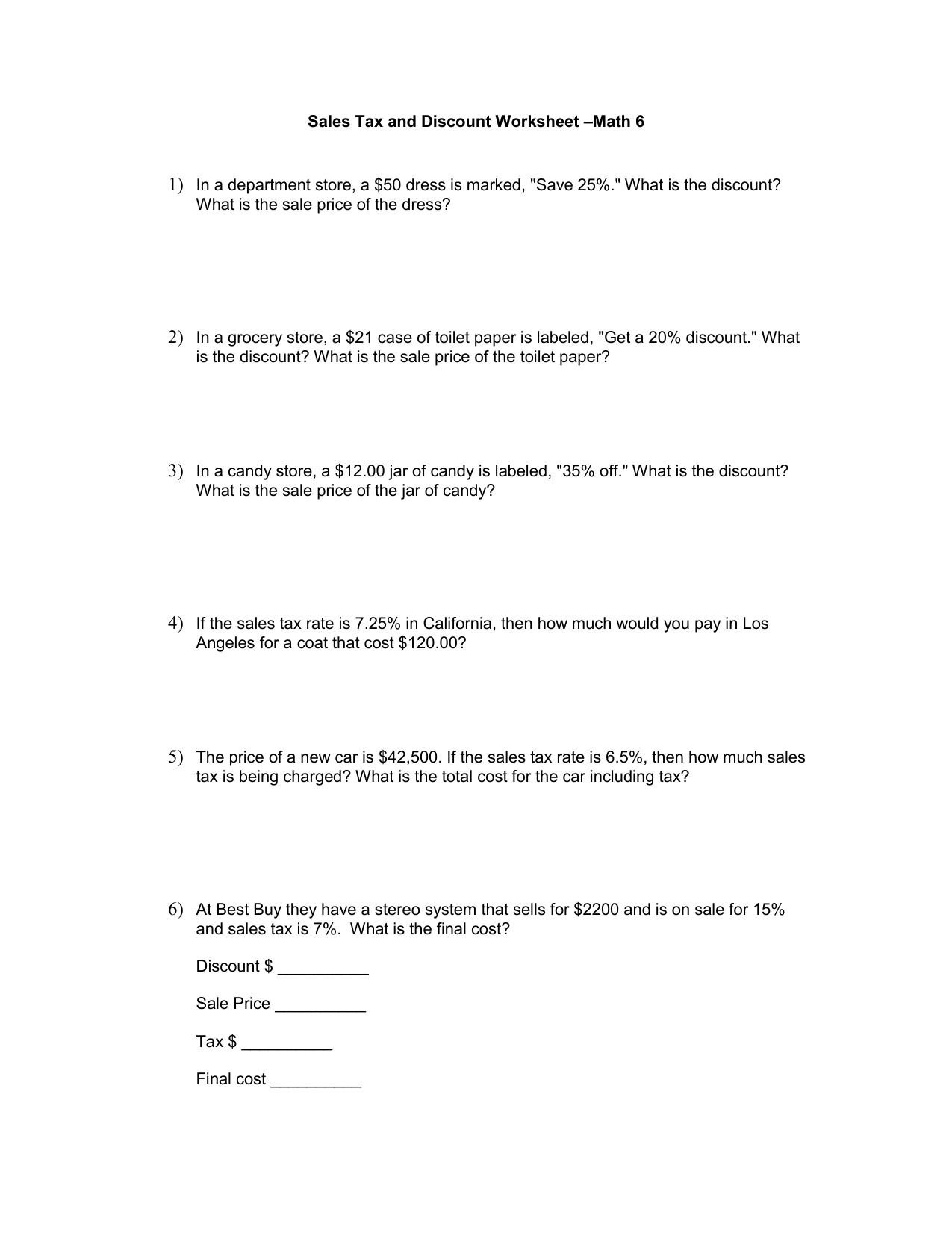 Sales Tax and Discount Worksheet For Calculating Sales Tax Worksheet