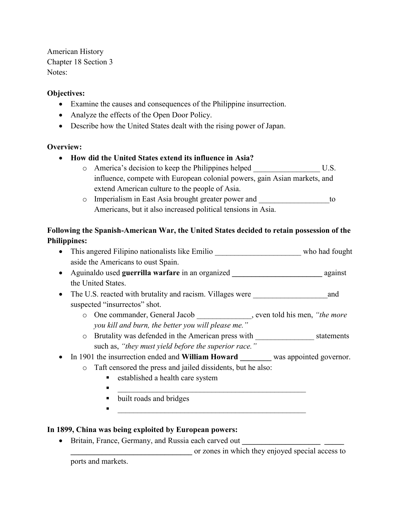 American History Chapter 18 Section 3 Notes Objectives Examine