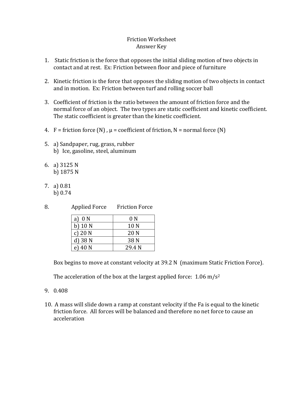Friction Worksheet Answer Key Static friction is the force that Inside Coefficient Of Friction Worksheet Answers
