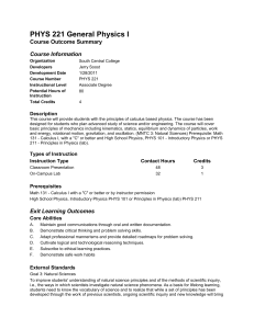 PHYS 221 General Physics I Course Outcome Summary Course