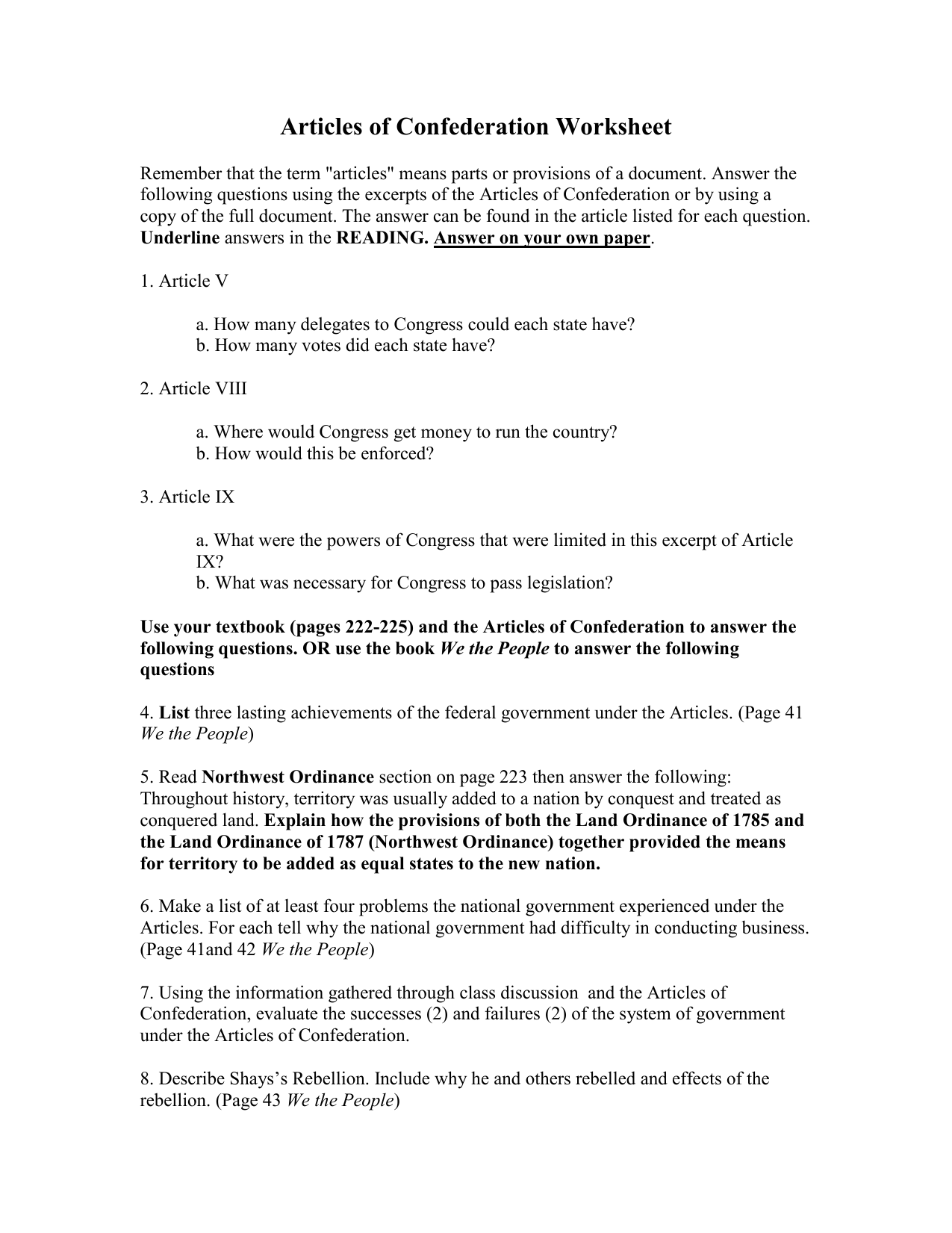Articles Of Confederation Worksheet Answers