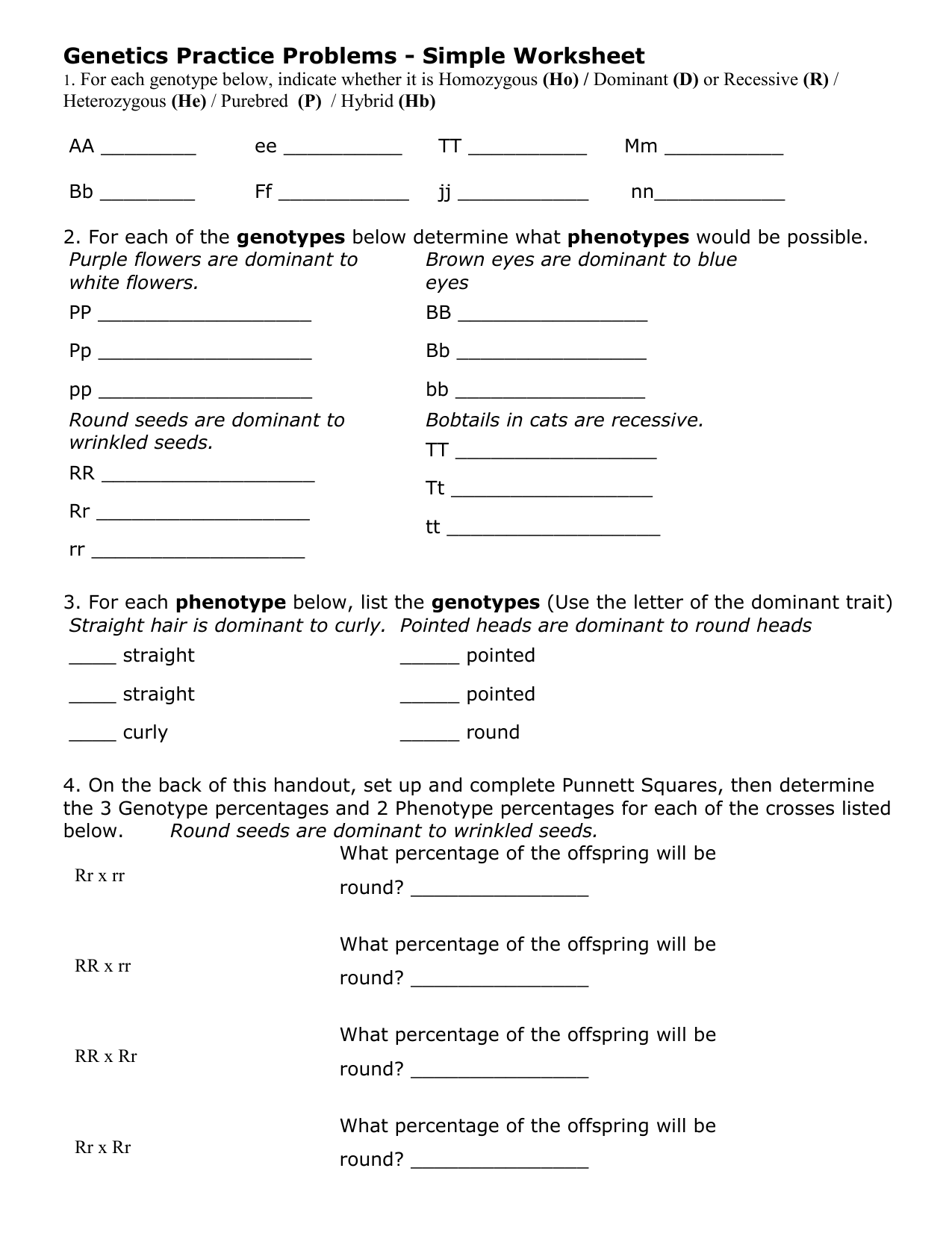 Genetics Practice Problems - Simple Worksheet Intended For Genetics Worksheet Middle School