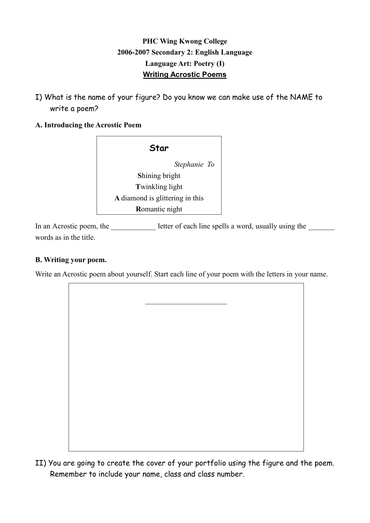 Worksheet On Acrostic Poem