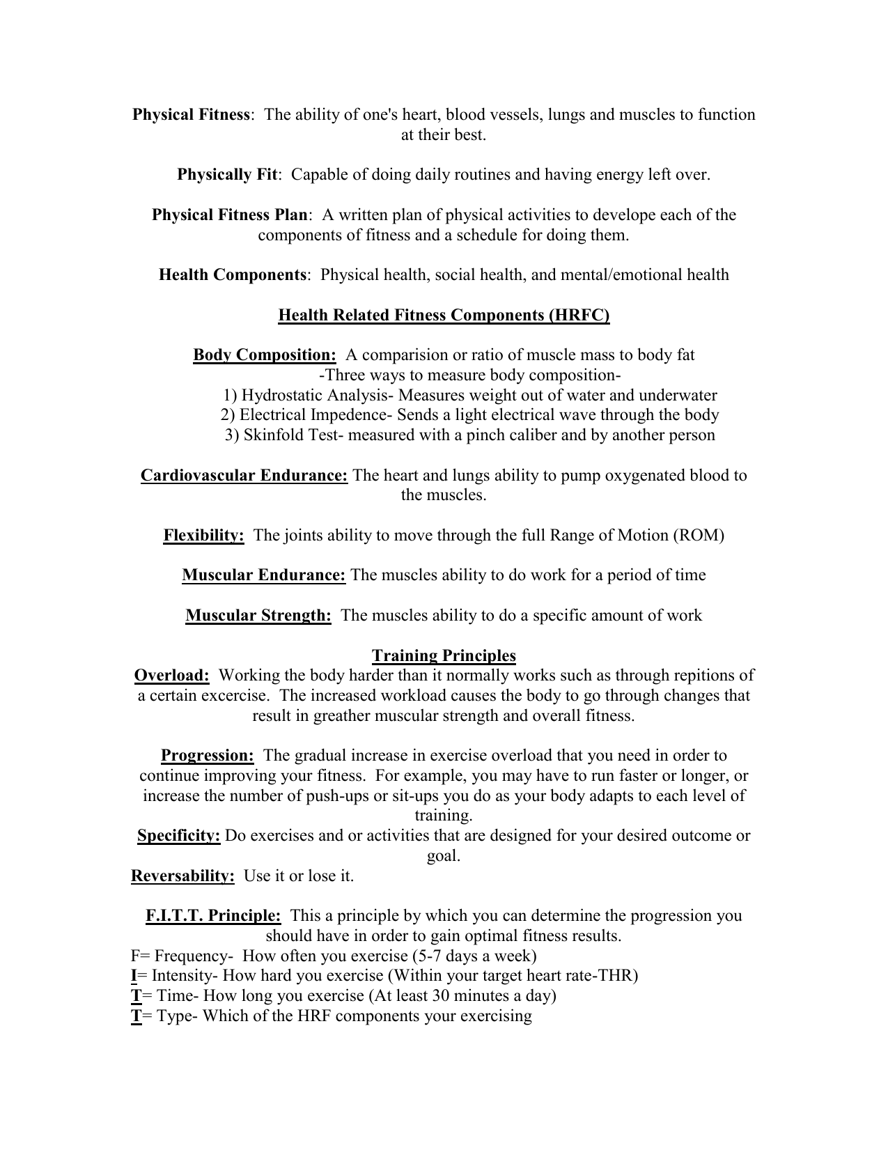 Physical Fitness Chart For One Week