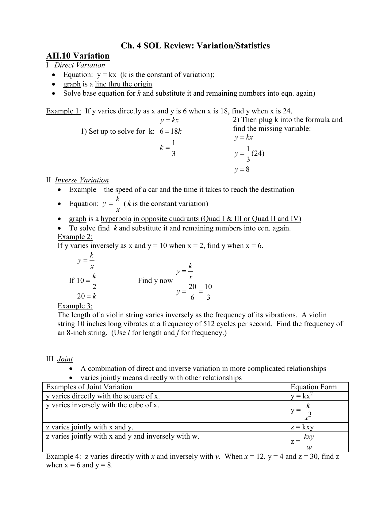 Ch 4 Sol Review Variationstatistics Aii10 Variation I Direct