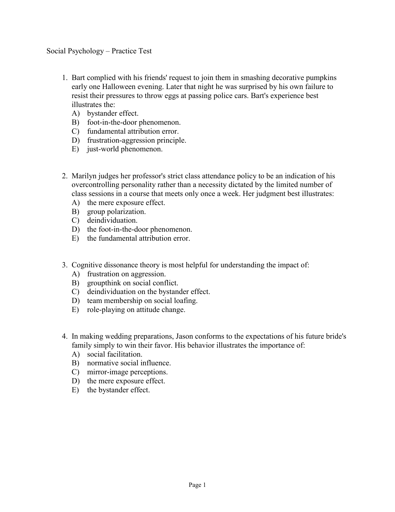 Social Psychology Practice Test 1 Bart Complied With His Friends
