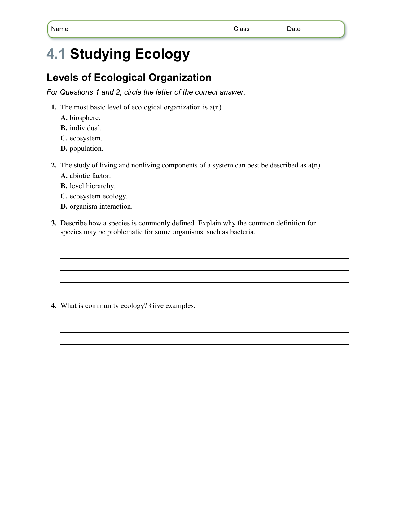 Worksheet Chapter 221.21 Within Levels Of Ecological Organization Worksheet