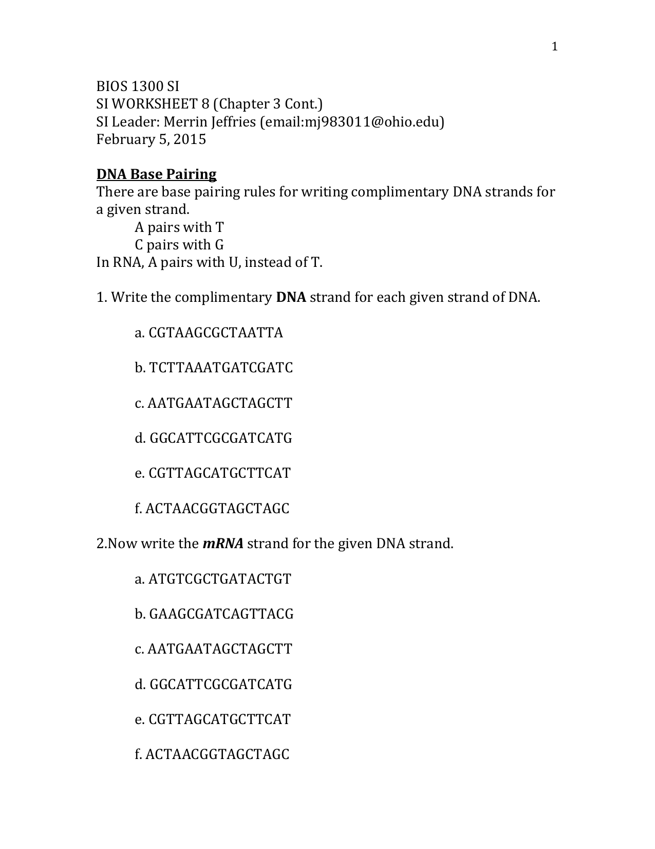 20 BIOS 202000 SI SI WORKSHEET 20 (Chapter 20 Cont.) SI Leader Regarding Dna Base Pairing Worksheet