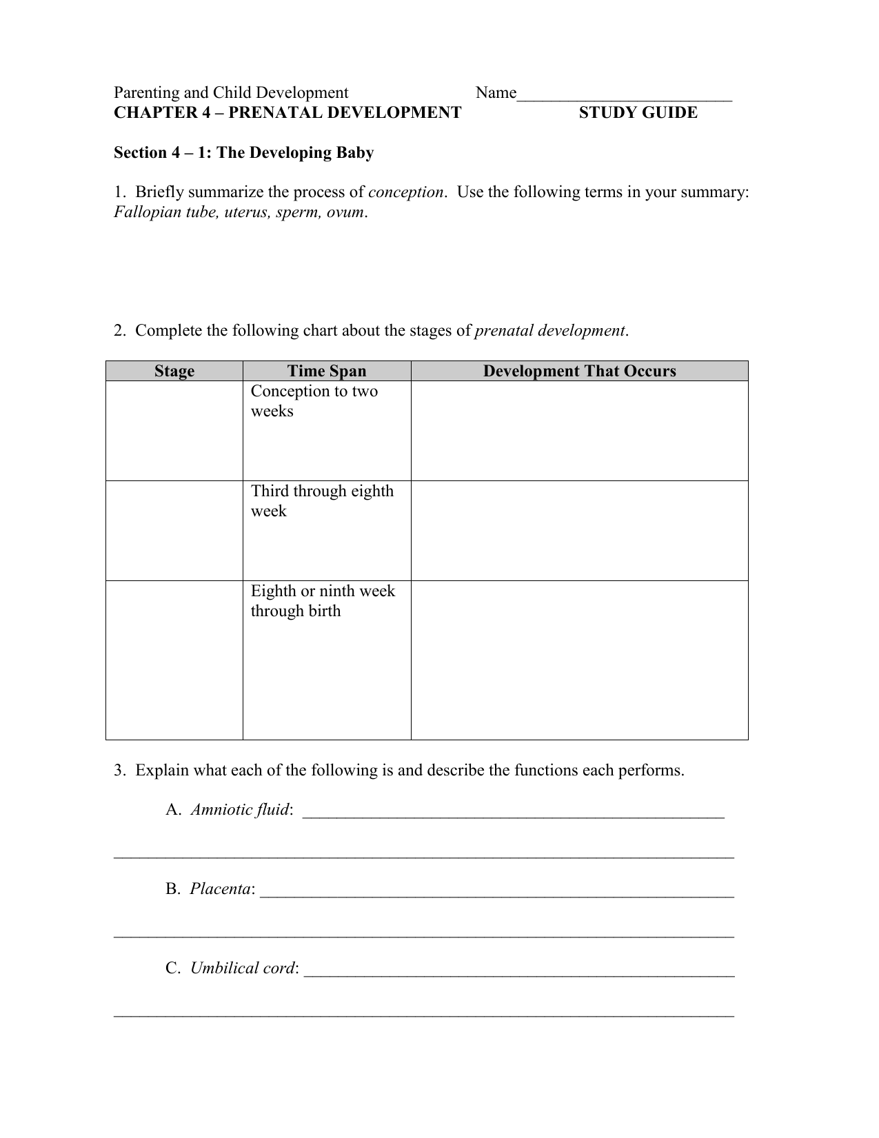 Complete The Following Chart About The Stages Of Prenatal Development