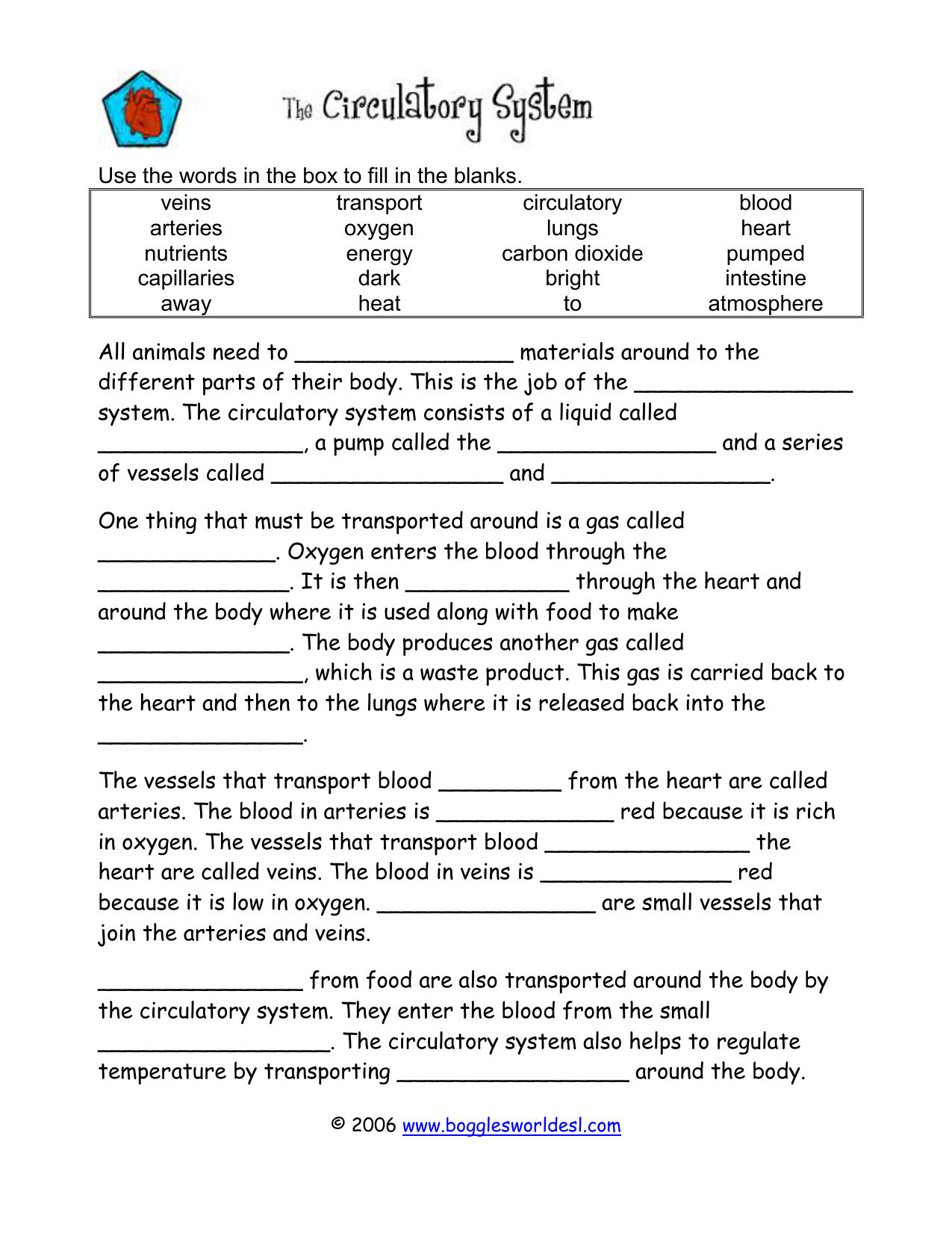 Circulatory System Cloze With The Circulatory System Worksheet Answers