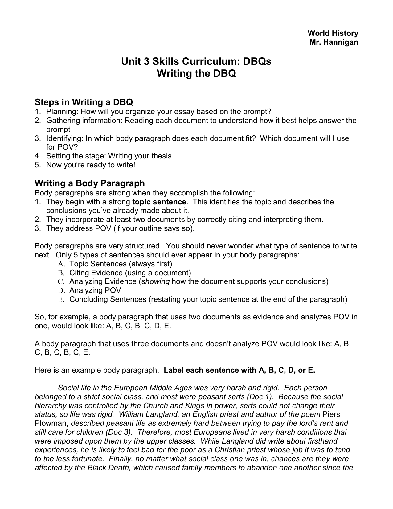 DBQ Body Paragraph writing