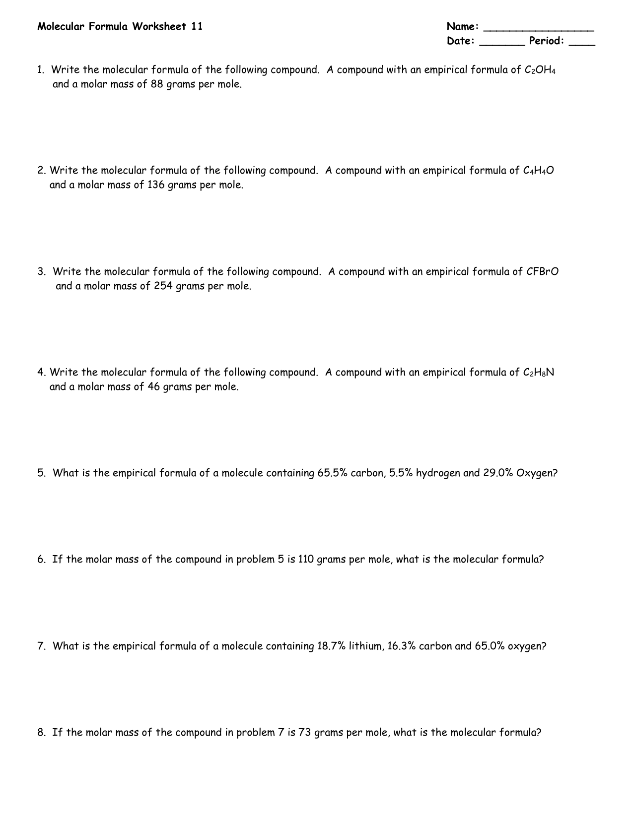 Molecular Formula Worksheet #22 For Chemical Formula Worksheet Answers