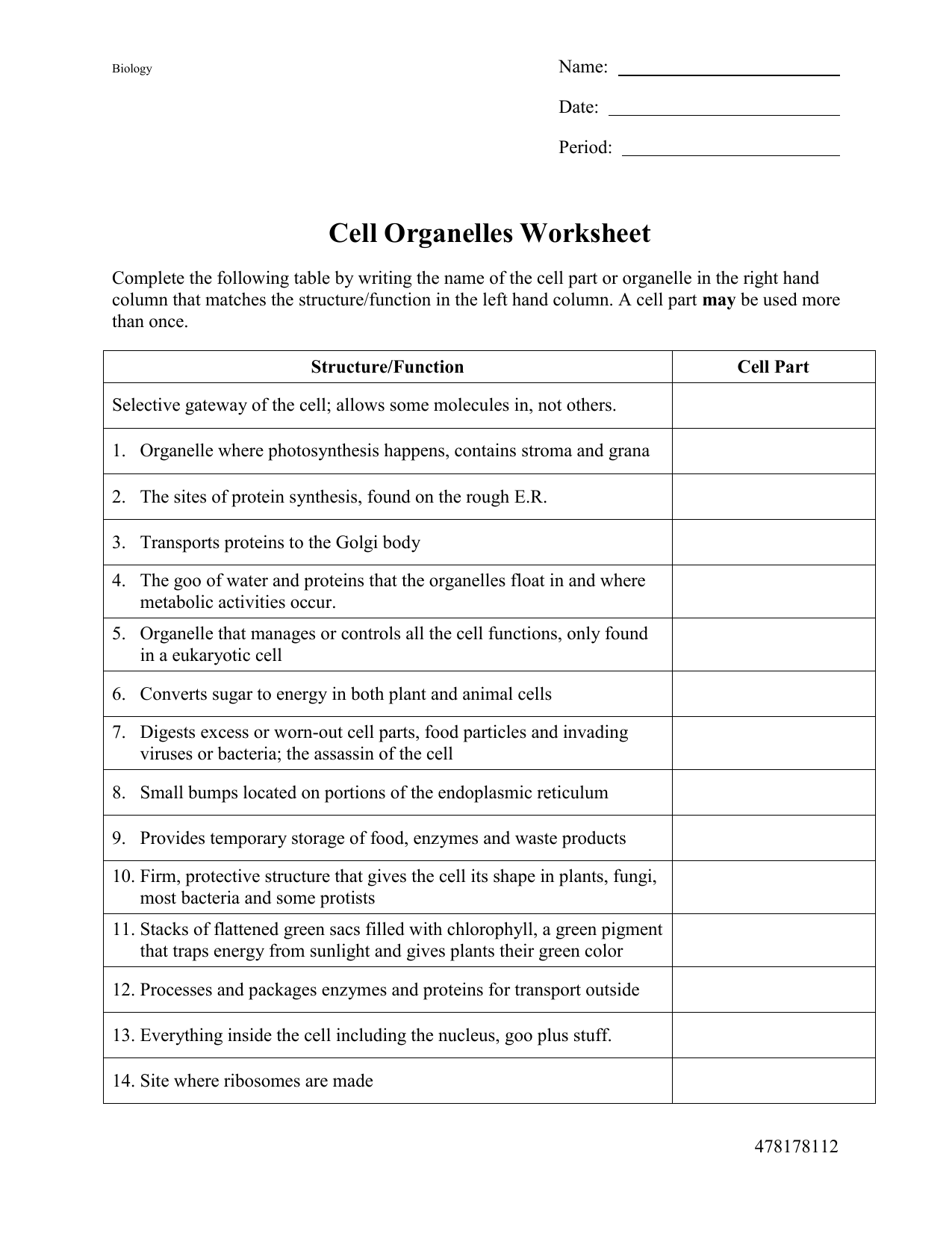 Cell Organelles Worksheet Regarding Cells And Their Organelles Worksheet