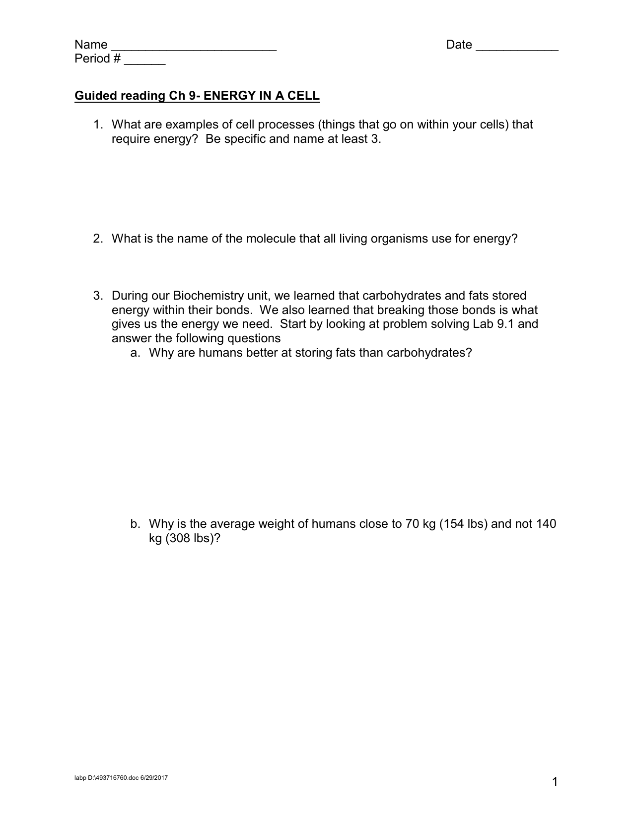 Guided Reading Ch 9 Energy In A Cell Guided Reading Ch 9 Energy In A Cell