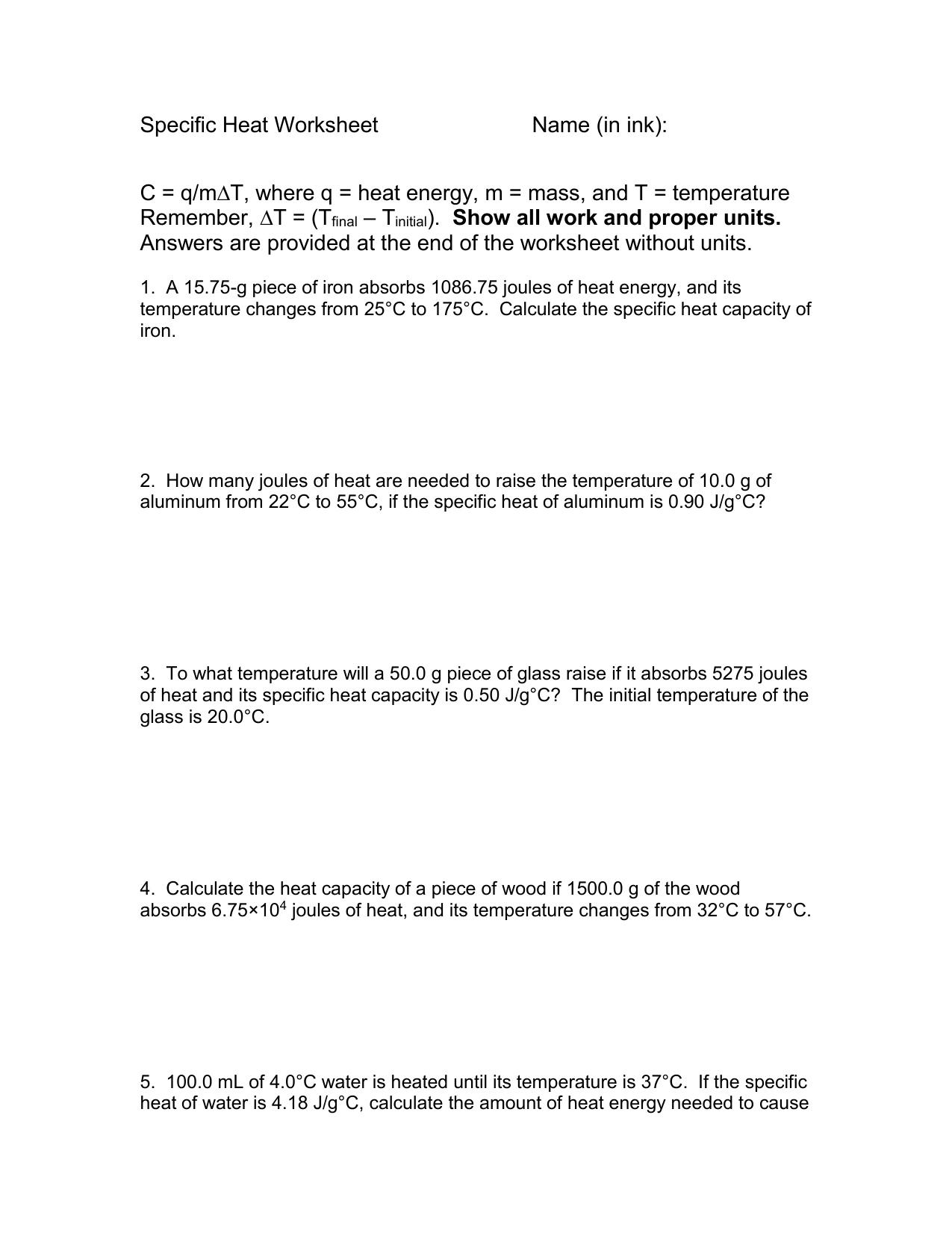 Calculating Specific Heat Worksheet - Nidecmege Regarding Calculating Specific Heat Worksheet