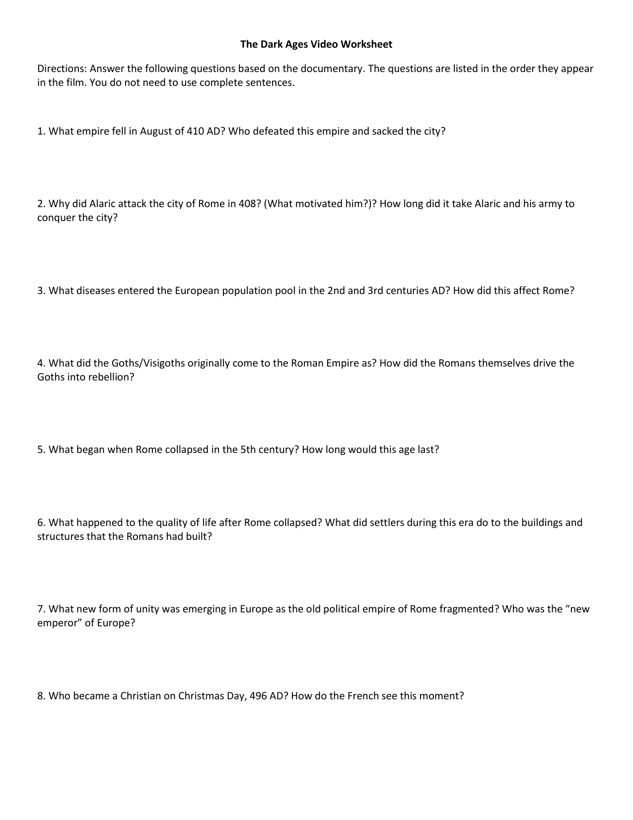 the dark ages history channel worksheet With Regard To The Dark Ages Video Worksheet