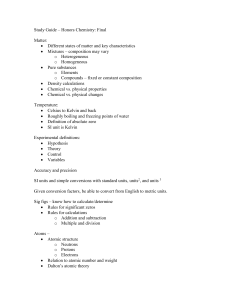 Study Guide – Honors Chemistry: Exam One