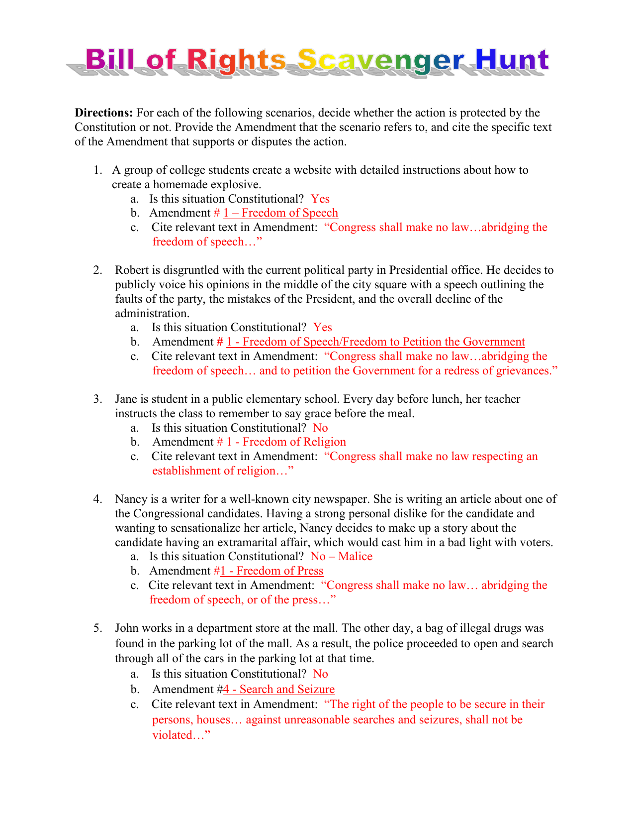 Is it Legal - Bill of Rights Scavenger Hunt Key Within Bill Of Rights Worksheet Answers