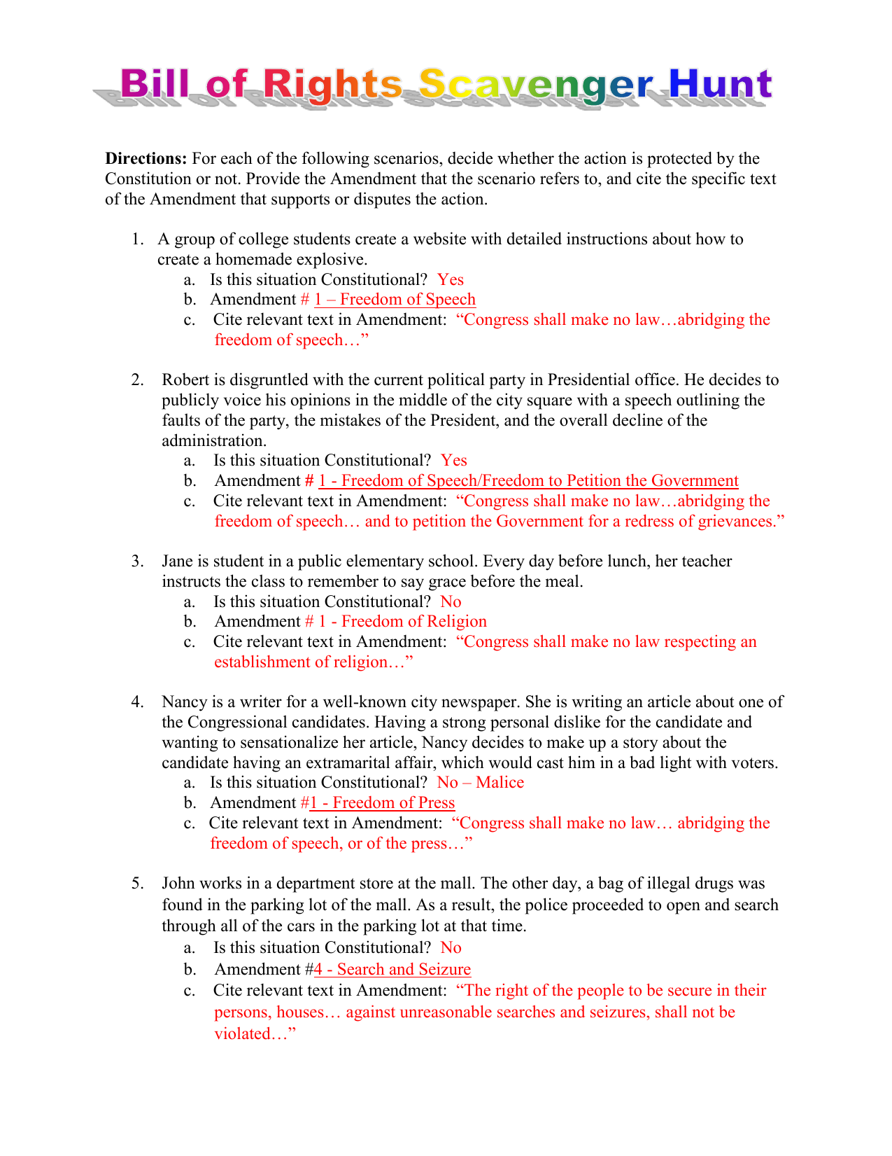 Bill Of Rights Scenarios Worksheet Answers