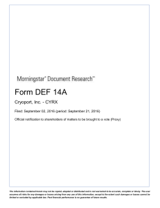 Form DEF 14A Cryoport, Inc. - CYRX Filed: September 02, 2016