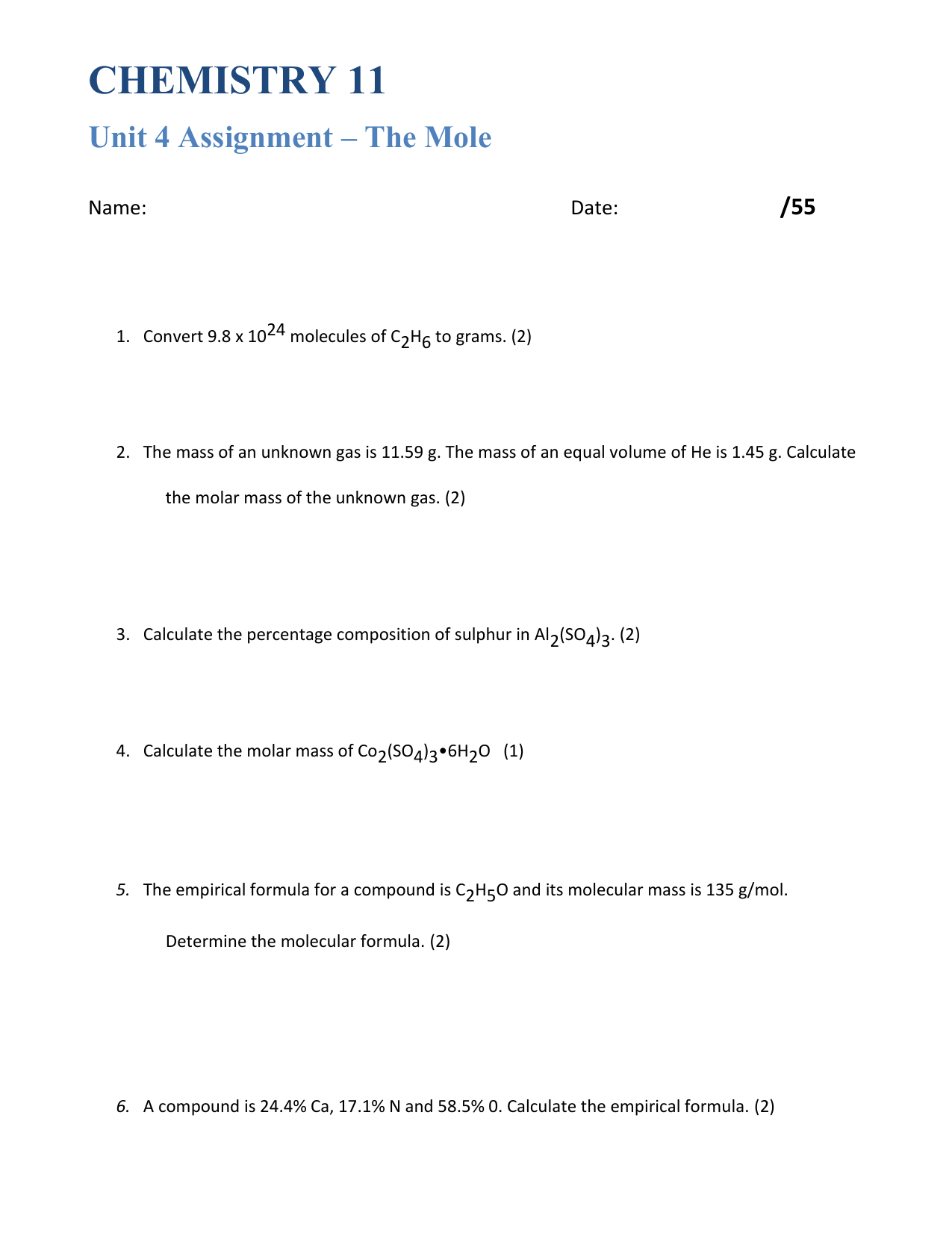 chemistry assignment questions