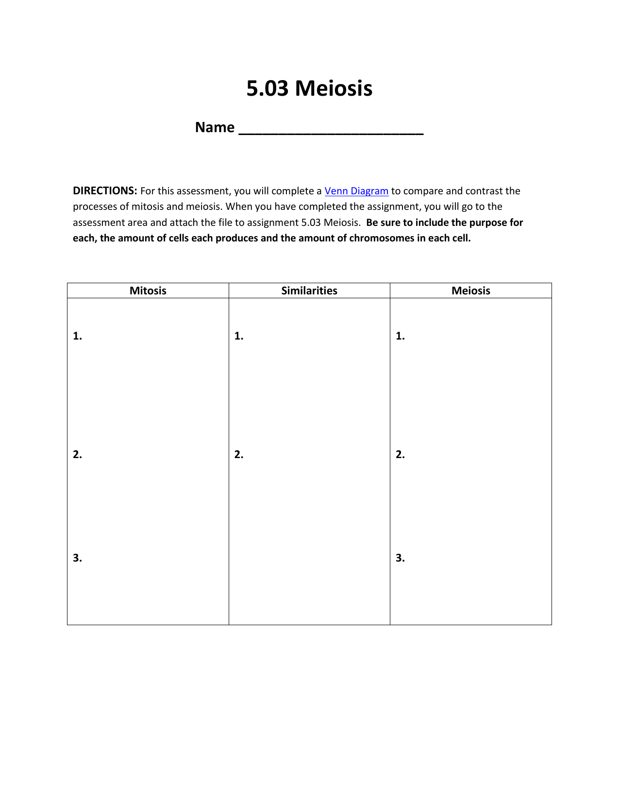 Compare And Contrast Mitosis And Meiosis Chart