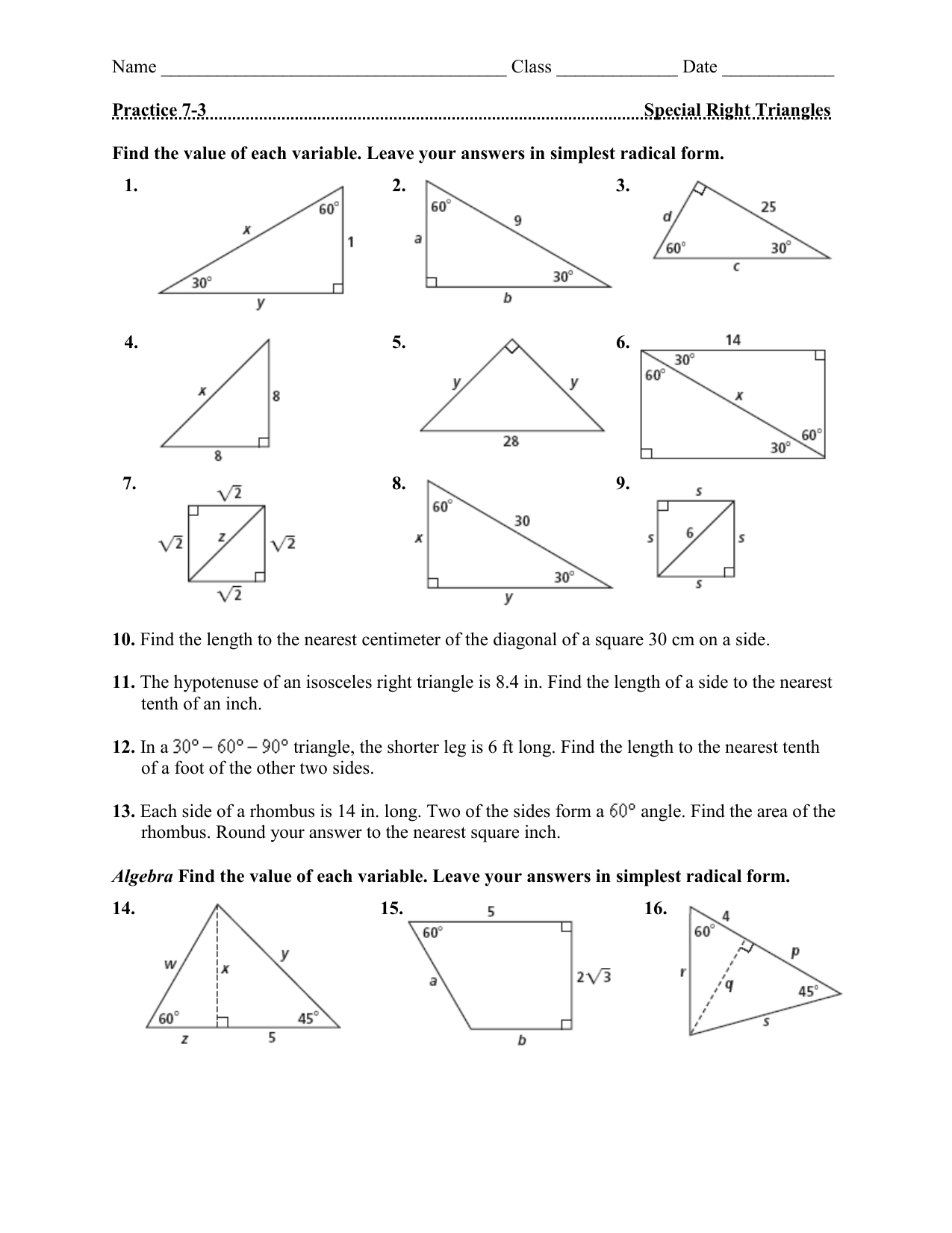 Name Class ______ Date ______ Practice 22 For Special Right Triangles Practice Worksheet