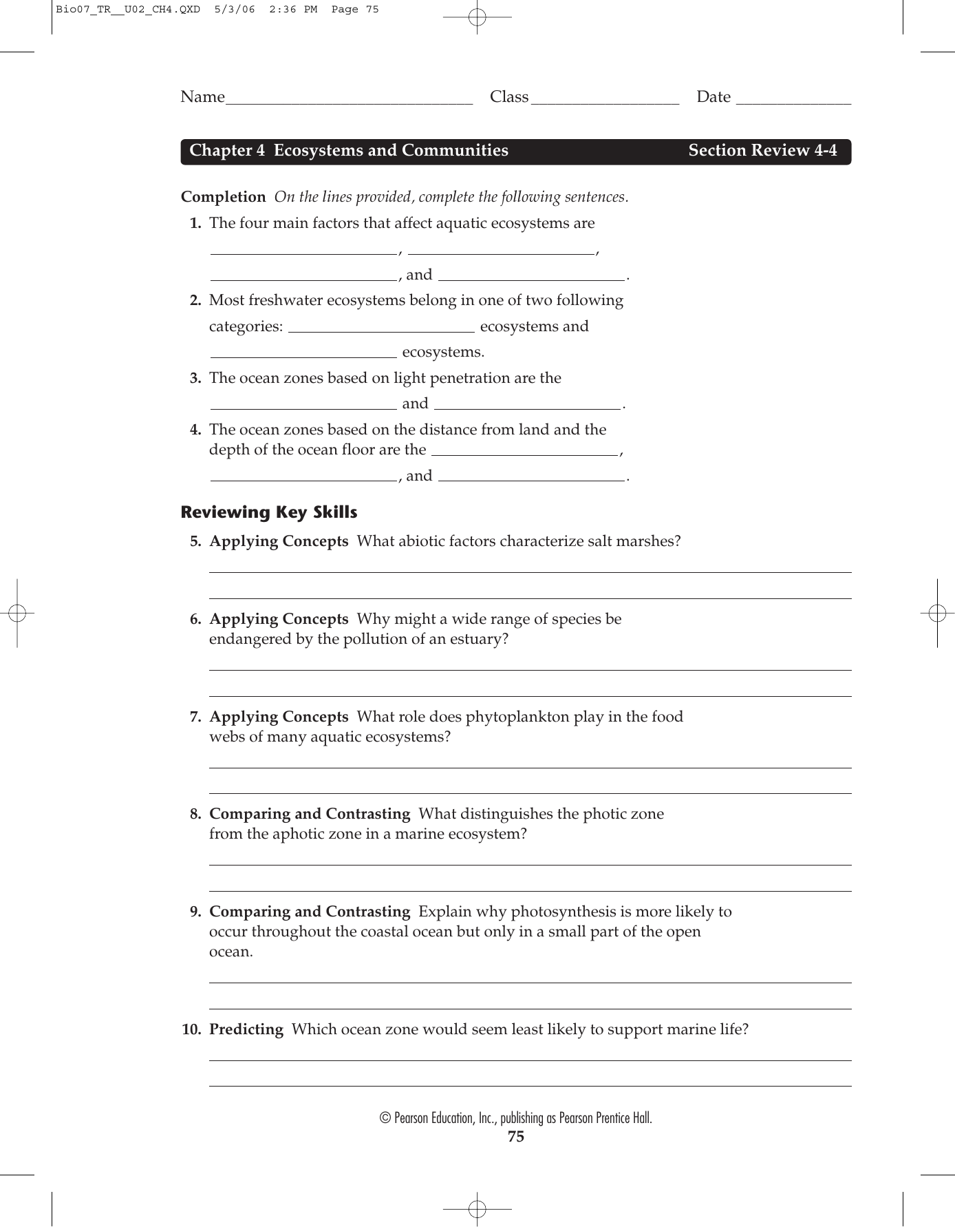 Reviewing Key Skills Chapter 20 Ecosystems and Communities Throughout Bill Nye Biodiversity Worksheet Answers