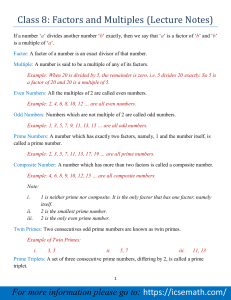 Class 8: Factors and Multiples (Lecture Notes)