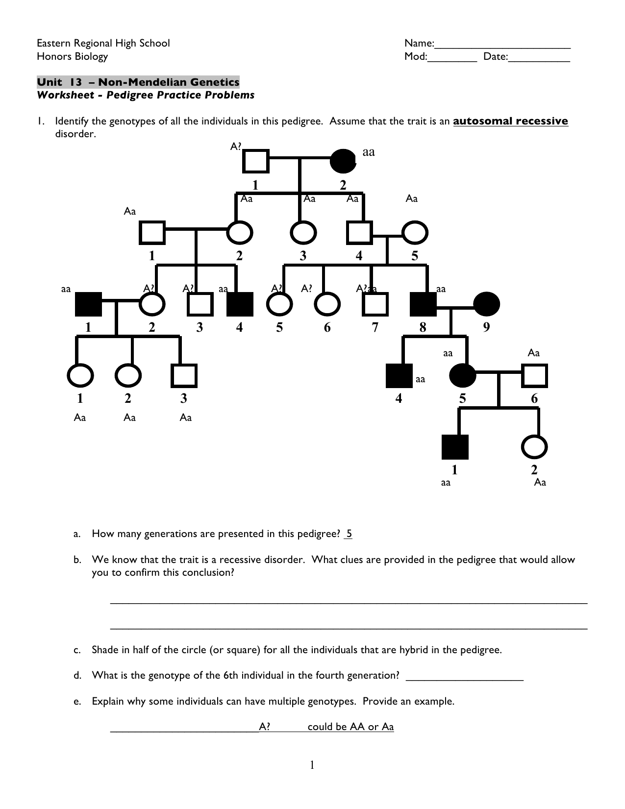 Genetics Pedigree Worksheet Answers