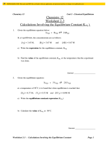 Chemistry 12 Worksheet 2-3 Calculations Involving the