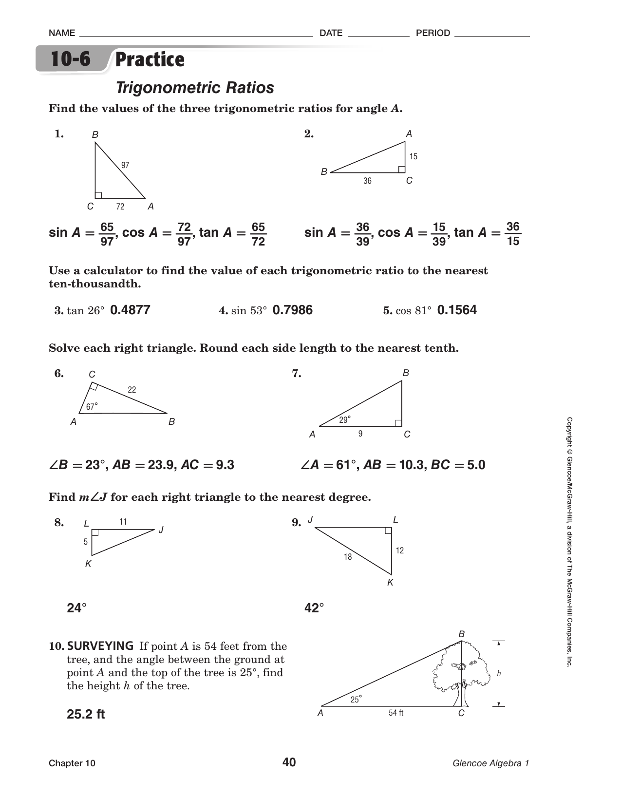 trigonometric ratios assignment answer key