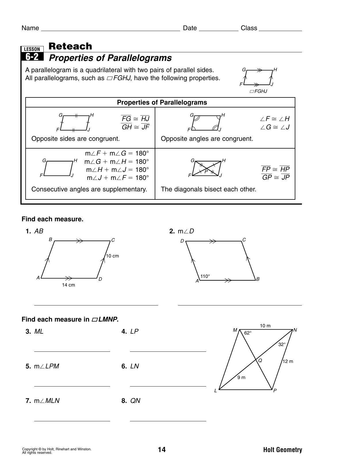 2222-22 Reteach Properties of Parallelograms Intended For Properties Of Parallelograms Worksheet