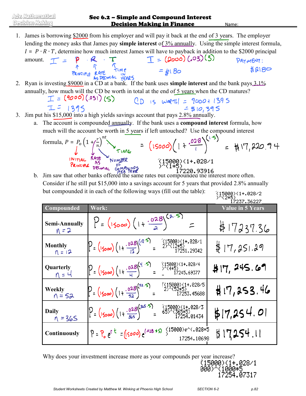 Sec 2222.22 – Decision Ma 22. James is borrowing $222 from his With Simple And Compound Interest Worksheet